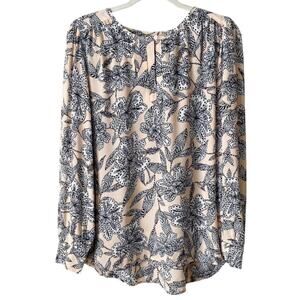 LOFT | Floral Print Long Sleeve Blouse Top Keyhole Blush Pink Black White Medium